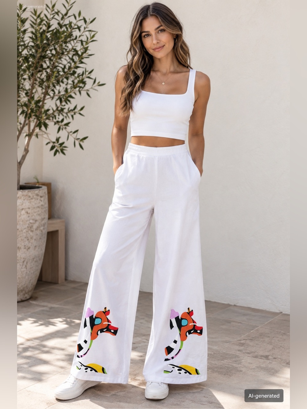 4/$25 NWT Koandaily White Wide Leg Trouser Pants Abstract Art Lower Hem Sz L